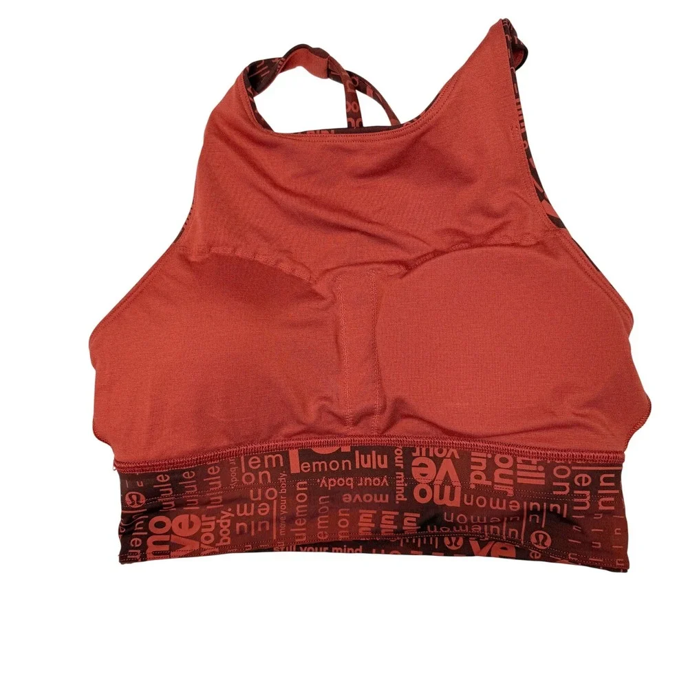 Lululemon Energy Bra High Neck Long Line Women 6 Red Logo Print Yoga Pilates C/D